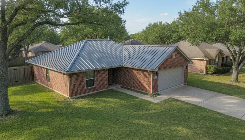 Illustration of a charcoal standing seam metal roof on a single-story brick home